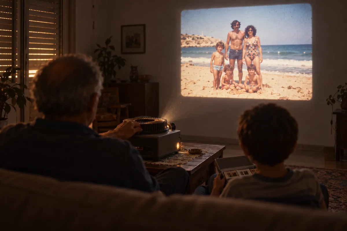 סבא ונכד צופים בשקופיות ישנות שמוקרנות על הקיר בסלון